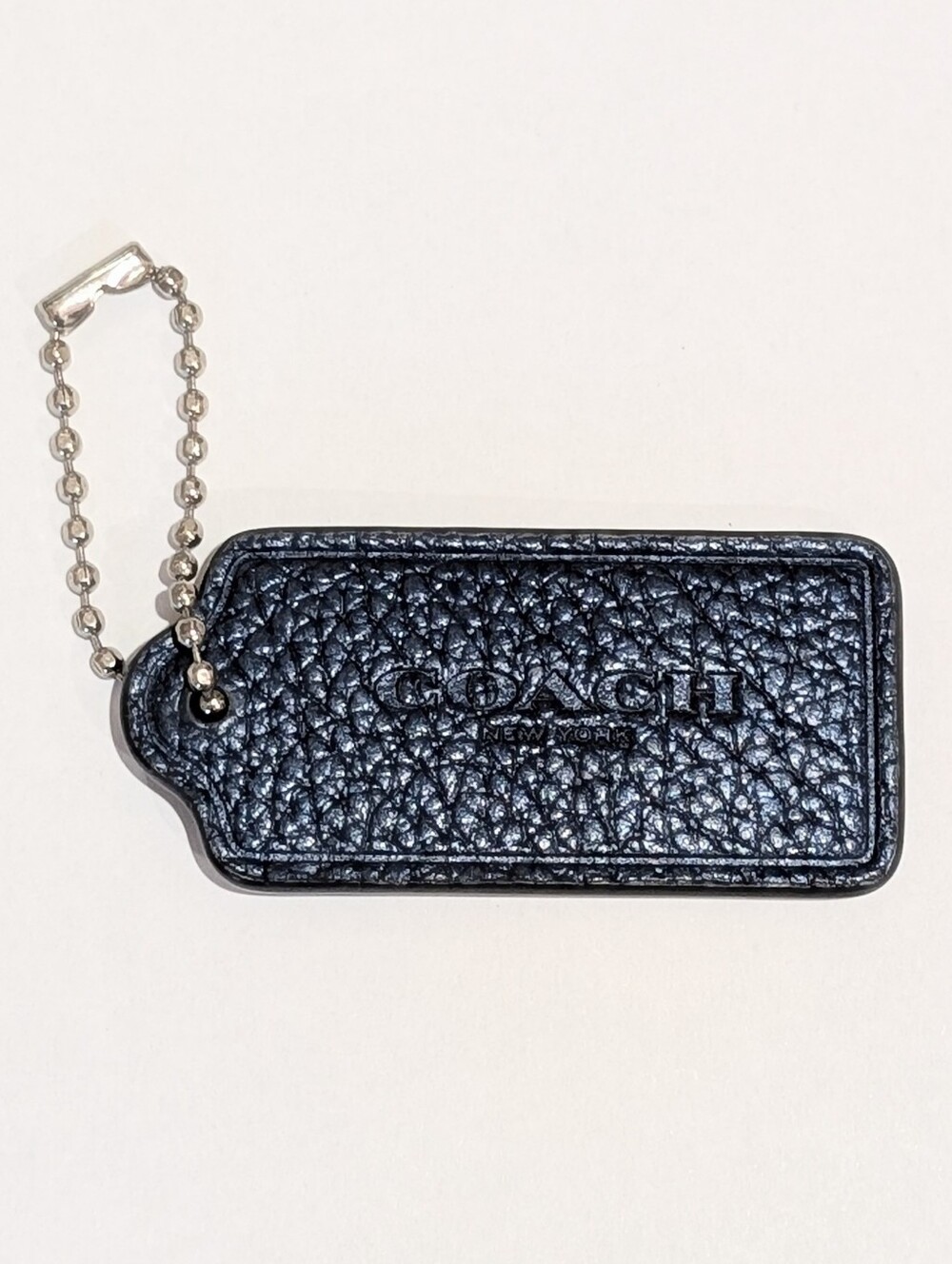 COACH Navy Blue Metallic Sheen Pebbled Leather 2.25" Bag Tag Key Tag Ball Chain